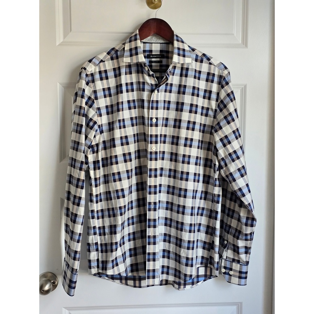 Bugatchi Mens Classic Fit Plaid Button Down Shirt Blue Sand RS3088L43 Medium